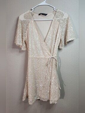 Zara Ivory Sequin Wrap Dress Size Small